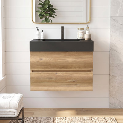 Meuble-lavabo mural moderne 30 po en chêne avec lavabo à surface solide noir mat d'ingénierie, tiroirs souples