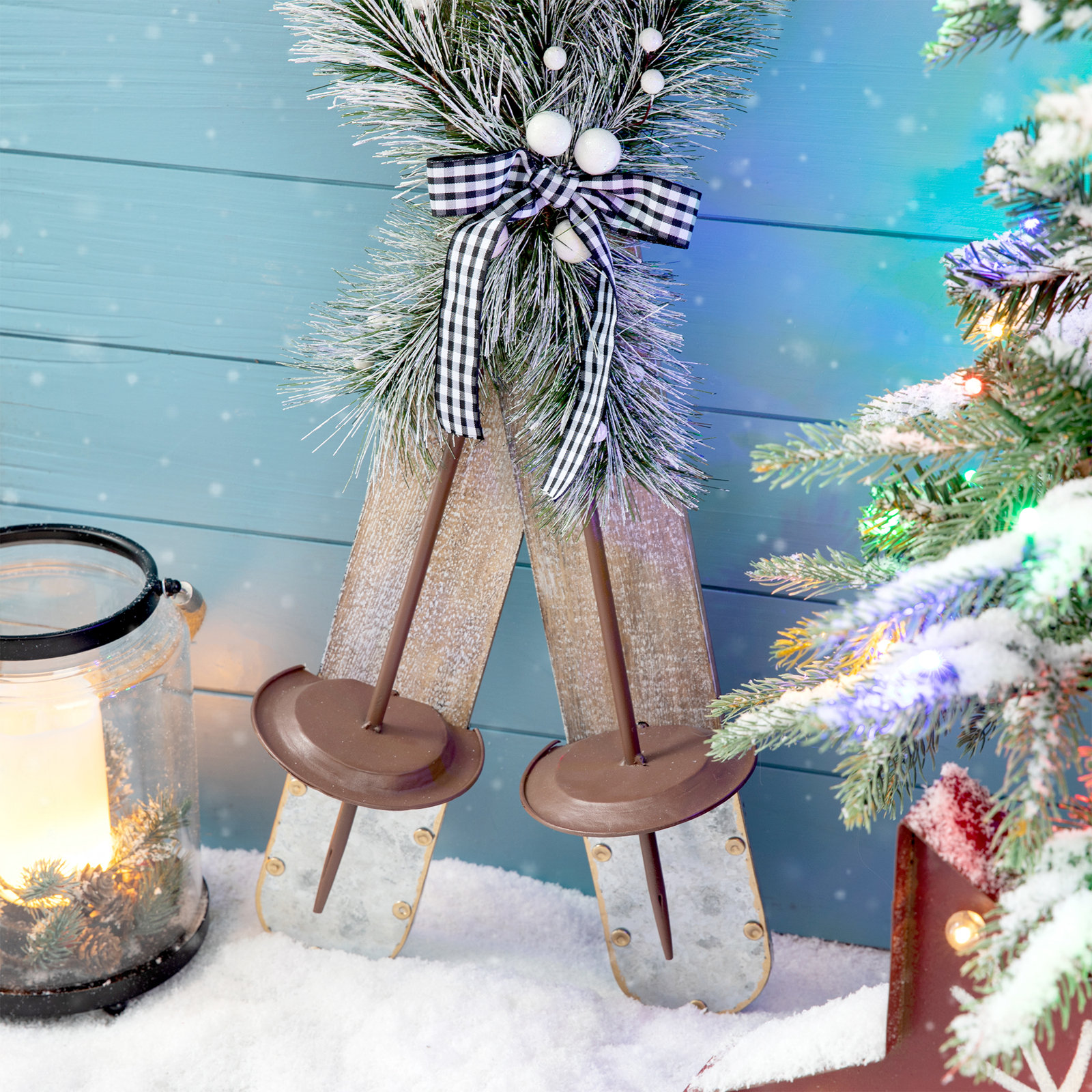 35"H Christmas Wooden/Galvanized Ski Décor, Medium Brown/Gray/Green