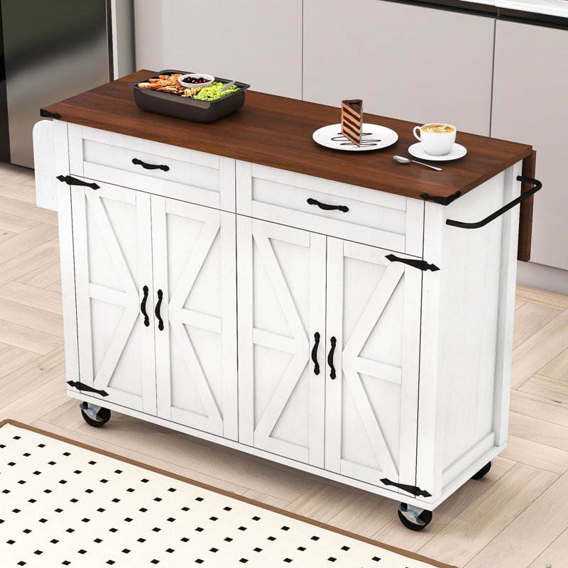 Helmut Rustic Kitchen Island with Built-In Charging Station and Adjustable Shelves, White