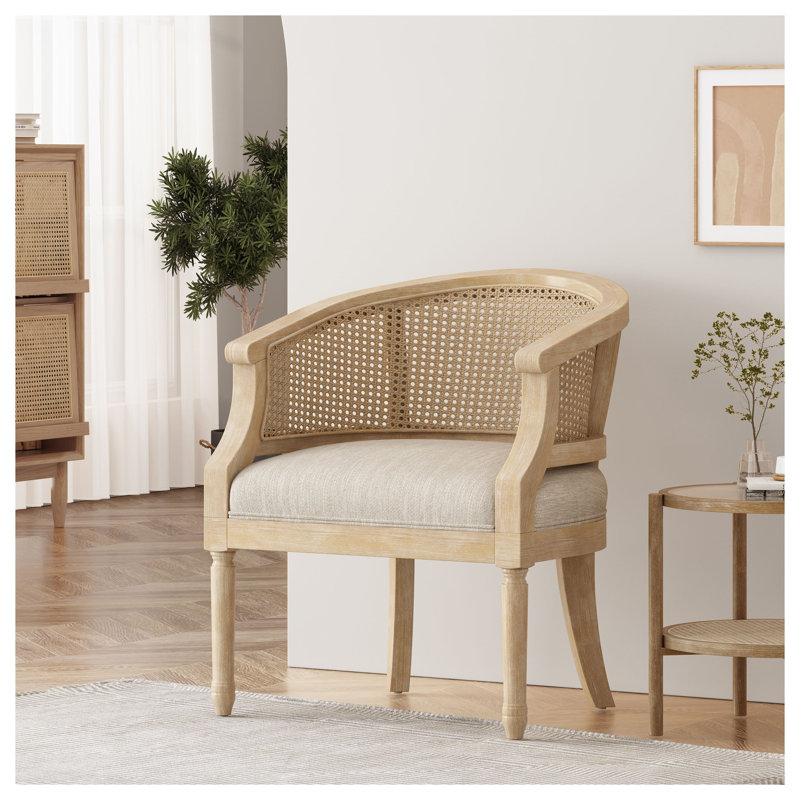 Fauteuil d'appoint de style champêtre beige avec sangles de canne - siège d'appoint rembourré en bois d'hévéa, Beige