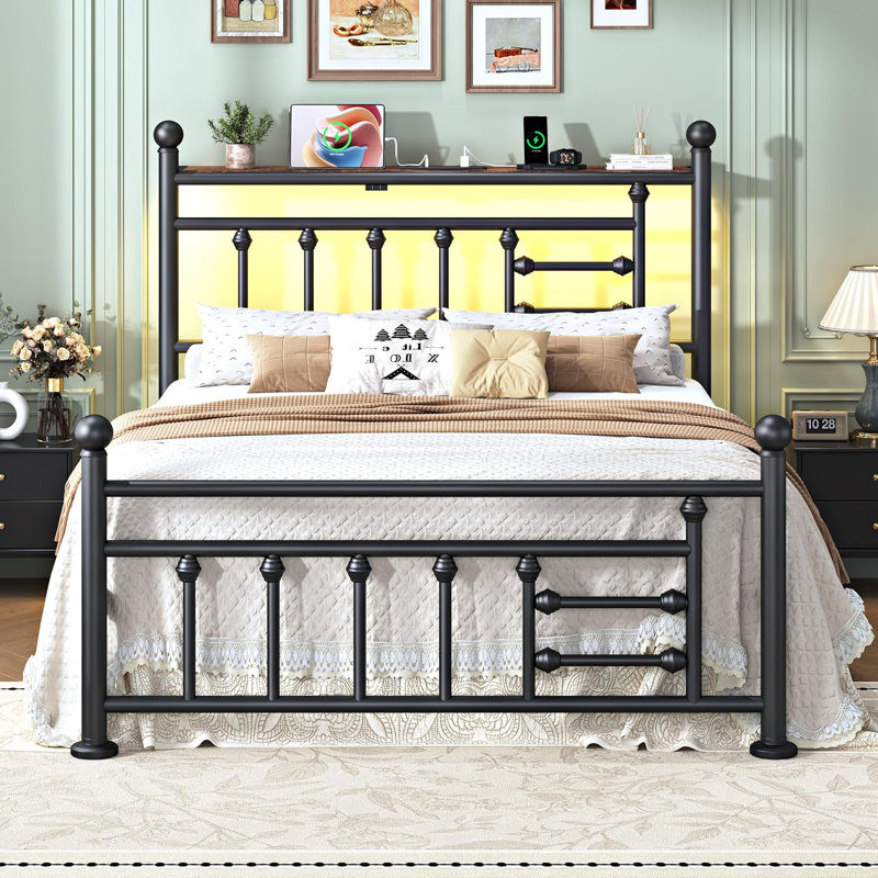 Metal Platform Bed Frame with Built-in Charging Station & LED Lights, Vintage Style Headboard and Footboard, Black, Queen