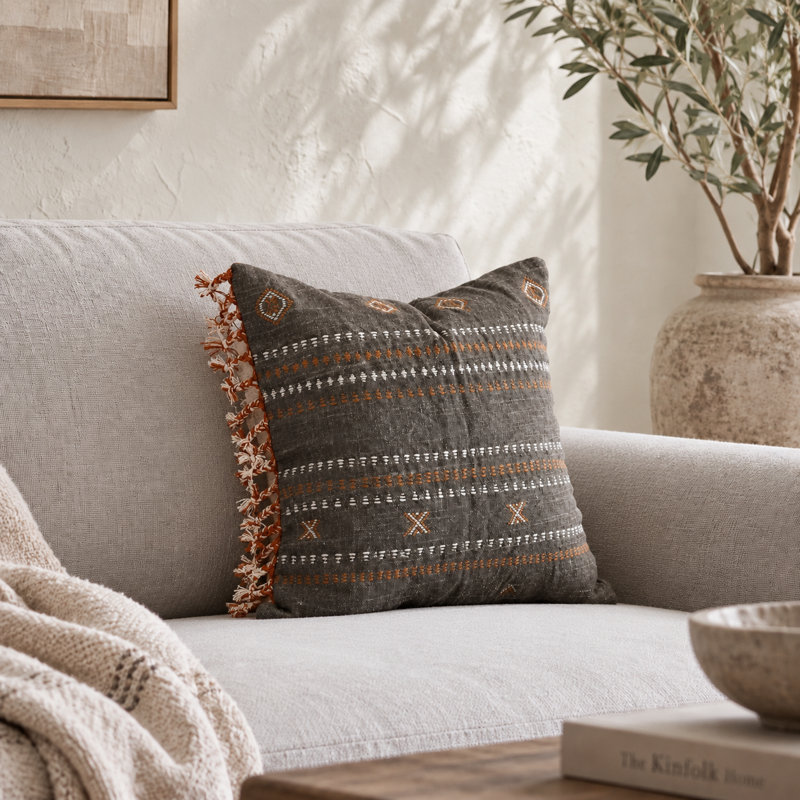 Brown Handwoven Embroidered Cotton Boho Pillow Cover, Brown