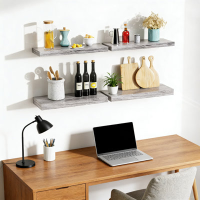 Ensemble de 4 tablettes flottantes, tablettes murales pour cuisine, salon, salle de bain, tablette murale en bois d'ingénierie pour la décoration intérieure, présentoir et rangement, design rustique moderne