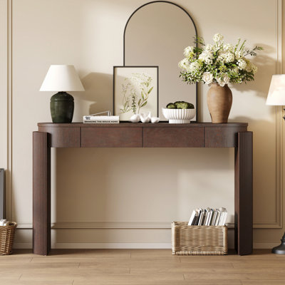 Table d'entrée avec finition grain de bois naturel, console avec conception cannelée, plateau ovale et 2 tiroirs pour l'entrée et le salon