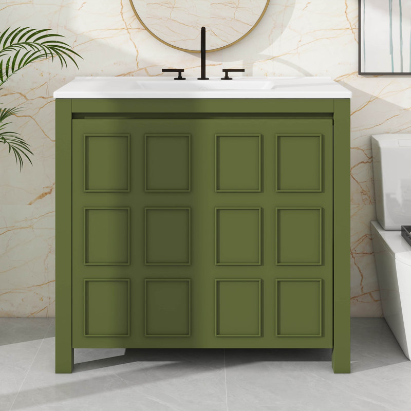 Organisateur de meuble-lavabo pratique 36 po avec lavabo en céramique, Vert olive