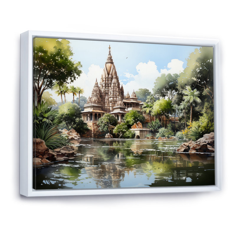 Temple indien d'art sérénité II, H 16 po x l 32 po x P 1 po, Cadre flottant blanc