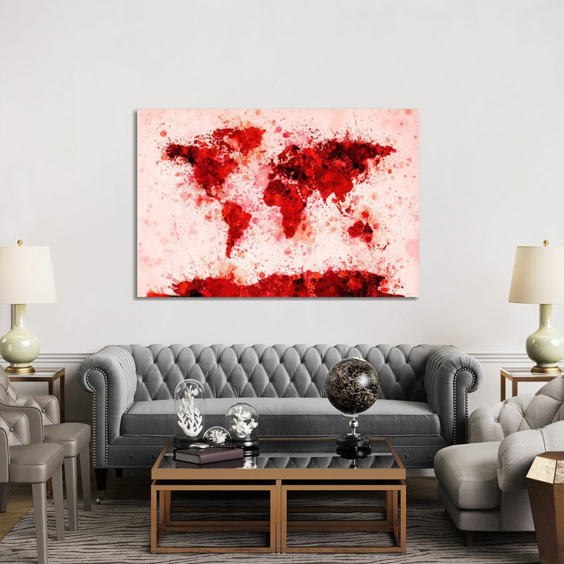 World Map Paint Splashes (Red) by Michael Tompsett - 1 Piece Wrapped Canvas Wall Art, 152.5 cm H x 101.5 cm W