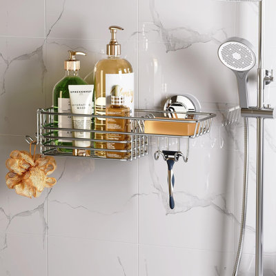 Support de douche à ventouse, organisateur avec crochets et porte-savon pour la douche intérieure, tablette de salle de bain amovible