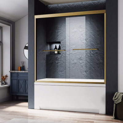 Shower Door 56-60 In. W X 62 In. H, Brushed Gold Semi Frameless Double Bathtub Door,Certified Ansi Clear Tempered Glass,Stainless Steel Handles