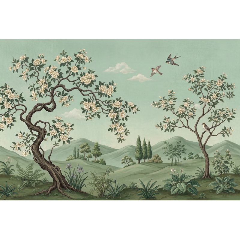 Papier peint mural vert paysage floral, arbres florissants, oiseaux en vol, décoration murale amovible, Texturé non collé