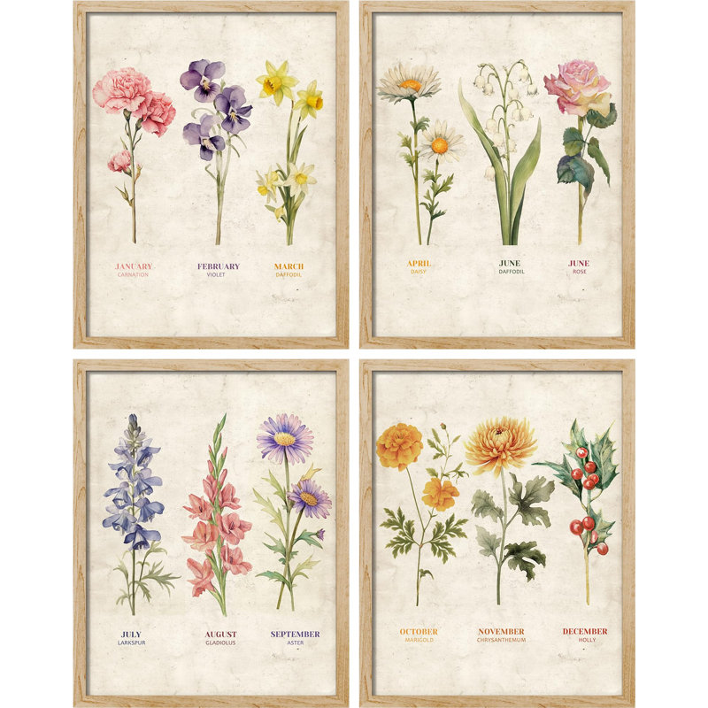 Reproduction d'art floral rétro encadré sur papier rétro avec 4 mois de naissance, Naturel, H 10 po x l 8 po