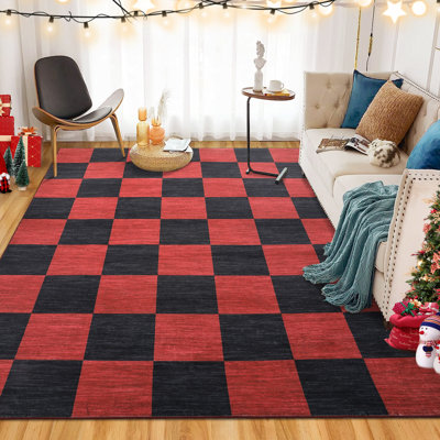 Tapis de Noël lavable lavable pour le salon, tapis antidérapant à carreaux, tapis de chambre à poils courts sans perte de poils, tapis de vacances à carreaux, tapis d'intérieur géométrique pliable pour chambre de bébé, cuisine, rouge-vert