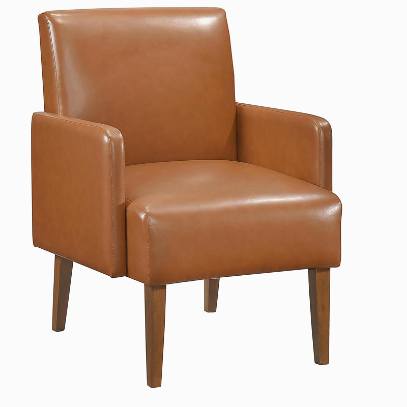 Chaise d'appoint de style Mid-Century moderne en similicuir brun avec revêtement en noyer
