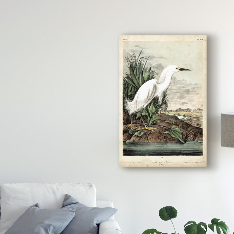 « snowy héron white », reproduction de peinture à l’huile sur toile tendue, H 19 po x l 12 po x P 2 po