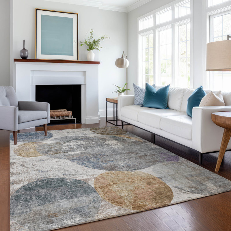 Machine Washable Indoor/Outdoor Lansford ACN2381 Circles Rug, Rectangle 10' x 14'