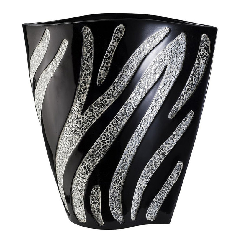 14" Polyresin Decorative Vase - Black Finish with Silver Zebra Pattern