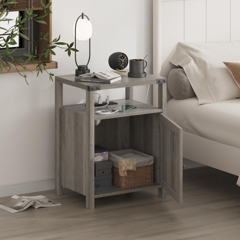Gray Farmhouse Nightstands with Charging Station and Storage Cabinet, Set of 2