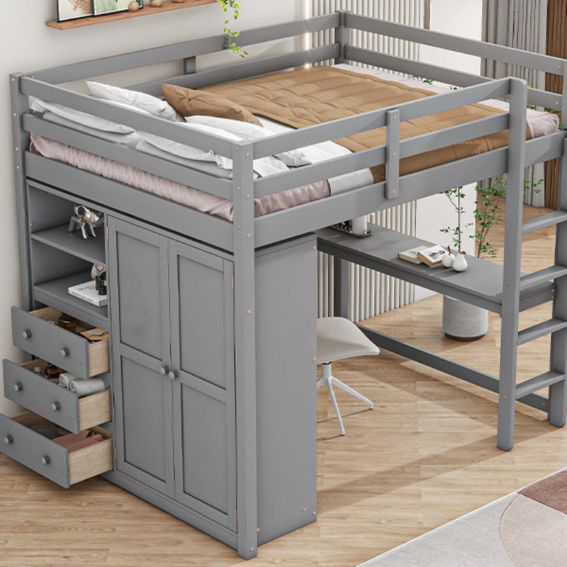 Lit mezzanine double en bois avec garde-robe intégrée, bureau, tablettes de rangement et tiroirs, gris
