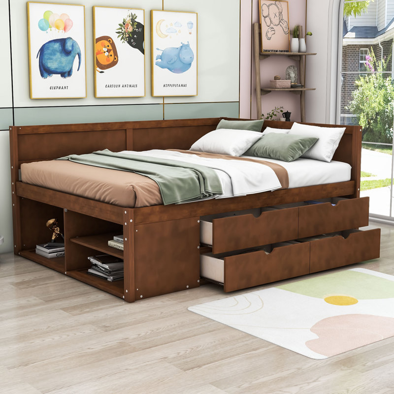 Kouta Wood Daybed with Drawers and Shelves, Walnut, Full/Double