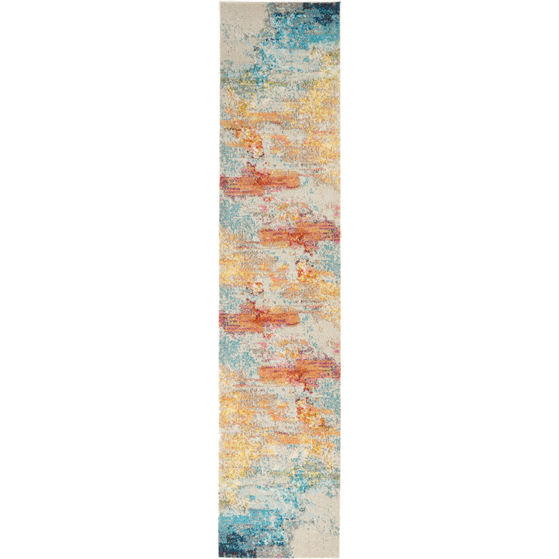 Tapis abstrait bleu / jaune Adrihana, Tapis de couloir 2 pi x 6 pi