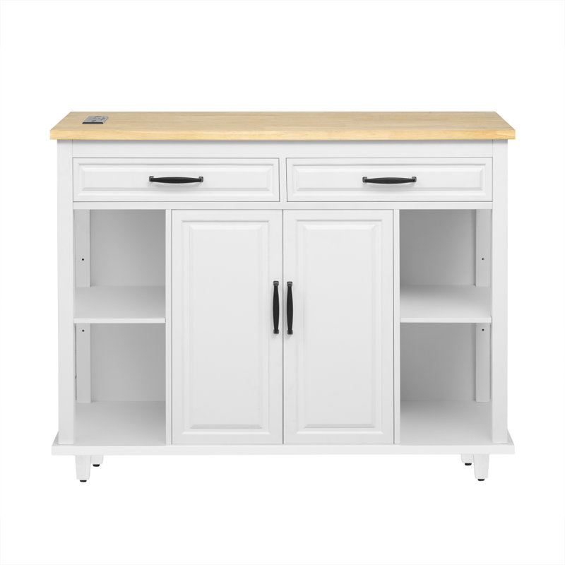 Îlot de cuisine 47 po avec table de salle à manger extensible K&K, table de cuisine en placage de bois d'hévéa avec support de rangement interne, prise de courant, îlot de cuisine avec rangement 2 tiroirs et 2 armoires, blanc