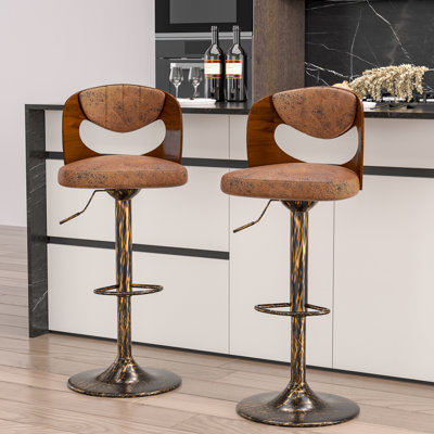 Bar Stools Set Of 2 Adjustable Barstool Faux Leather Counter Height Stool Kitchen 360 Swivel Bar Chair With Back Metal Steel Base Chair, Brown