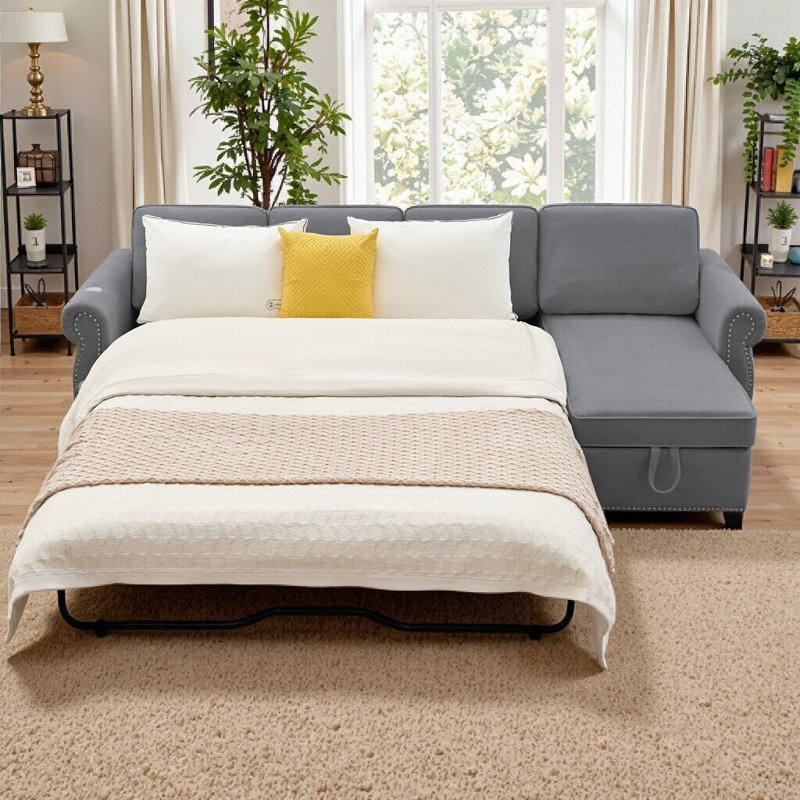 Canapé-lit d'angle UNARAVU 106,5 po avec chargeur, rangement et matelas en mousse mémoire, Gris foncé