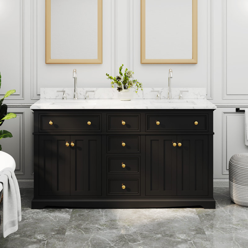 Ensemble de meuble-lavabo à double cuve 60 "avec dessus en pierre reconstituée, lavabo en céramique, peinture à la main Barnhart