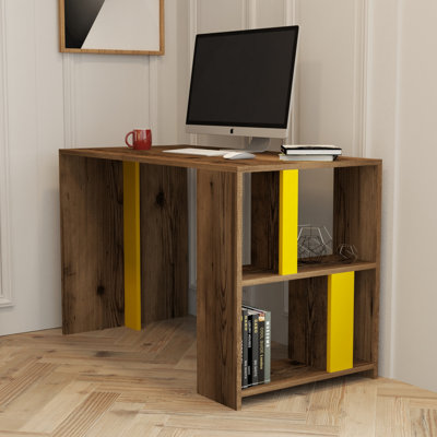Bureau d'étude moderne avec nombreuses tablettes, noyer et jaune, 47,2 po x 29,7 po x 23,6 po | 100% panneau de particules enduit de mélamine, épaisseur: 0,7 pouce | Conception murale pour un espace de travail élégant et peu encombrant