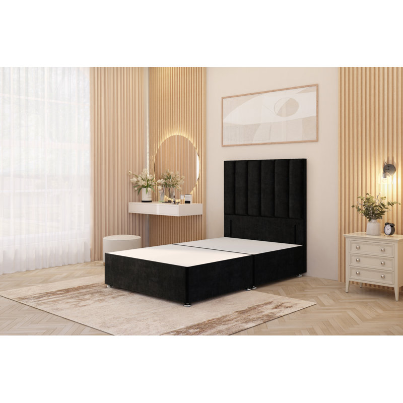 Asterin Divan Bed Base with 54" Floor Standing Headboard Plush Velvet, Black, Super King (6'), No Drawers