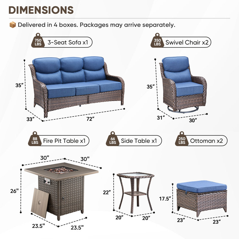 Smilario 7-Piece Outdoor Conversation Set With Fire Pit Table, 3-Seat Sofa & Swivel Gliders, 6" Thick Cushions, All-Weather PE Wicker