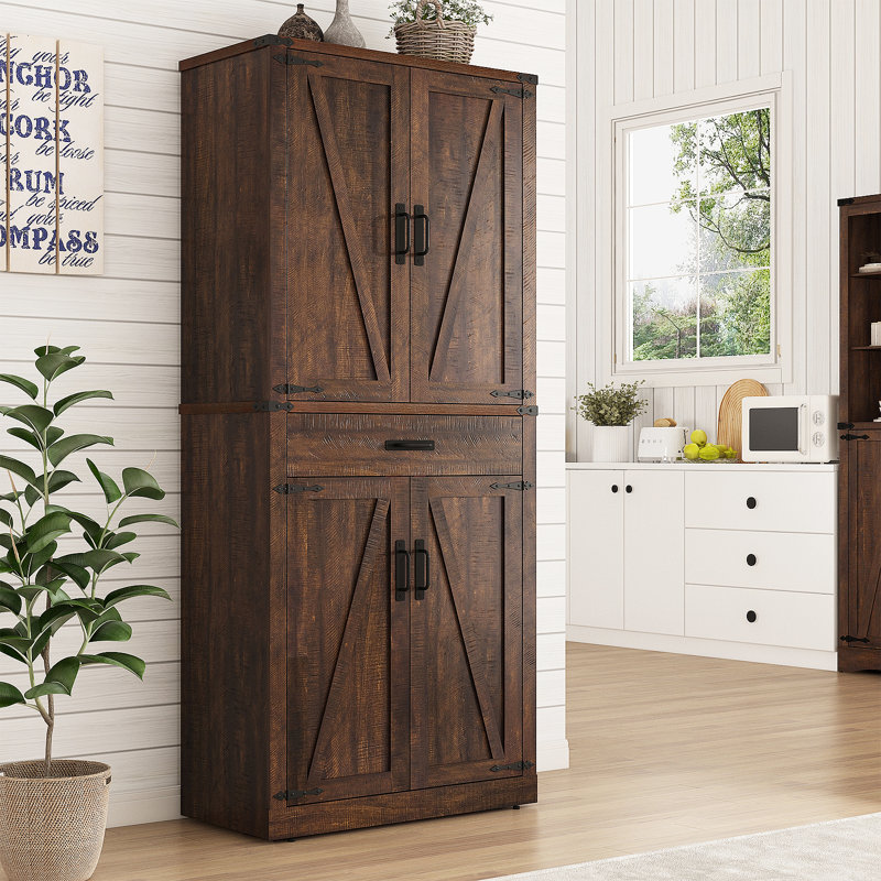 72" Farmhouse Kitchen Pantry Cabinet,4 Barn Doors, Storage Cabinet For Kitchen, Dining Room, Living Room, 1PC, Brown