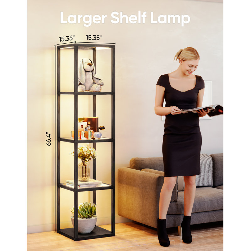 LED Floor Lamp with Shelves Open Display Cabinet, Floor Lamp Glass with Remote/APP Color Temp Control (2700K-6000K), Black
