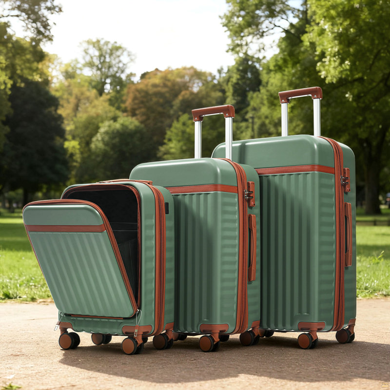 Ensemble de 3 valises, 20 pouces avec port USB, conception à ouverture frontale, bagage à main rigide certifié ABS, roues pivotantes, vert
