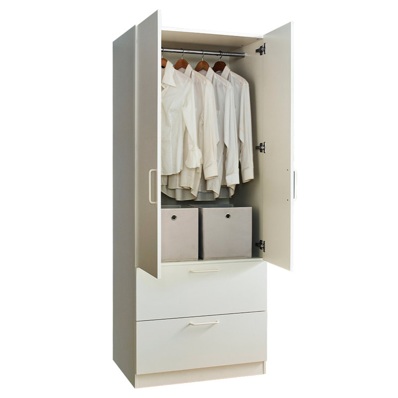 Two-Door Wood Closet with Two Drawers and Hanging Bars, White