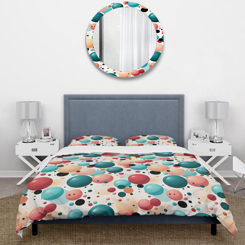 Gingham Charm Polka Dots Pattern Geometric Shapes Duvet Cover, King Duvet Cover + 2 King Shams