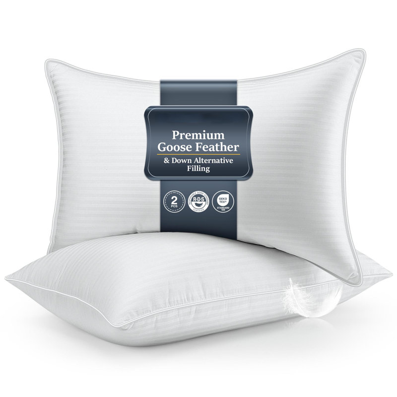 Luxury Stripe Goose Feather Pillows with Cotton Cover, Plush Support Queen bed Pillows, Queen