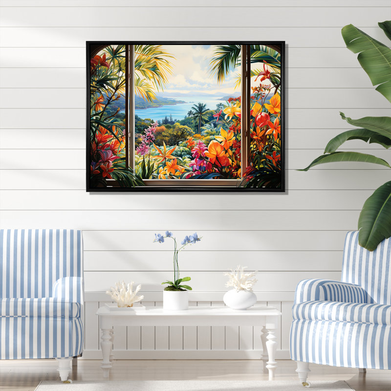 «Tropical Windows View Blooms 4 - Coastal Windows», art mural, H 34 po x l 44 po x P 1,5 po, Cadre flottant noir