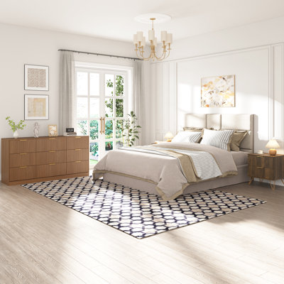 Commode cannelée pour chambre à coucher avec 9 tiroirs, commode moderne de 63 po de largeur avec poignée en métal