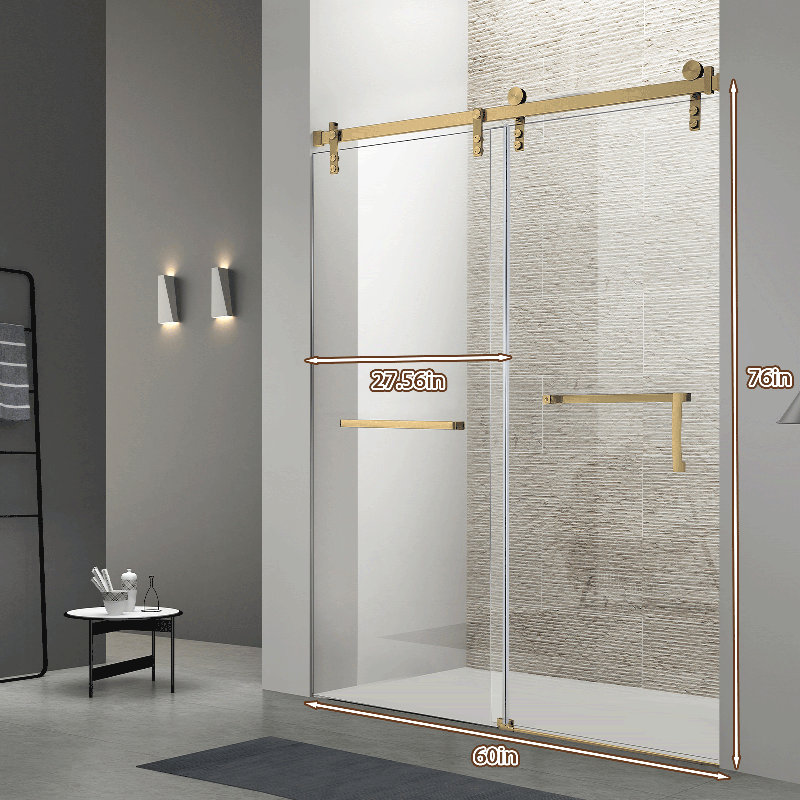 Porte de douche coulissante simple l 60 po x H 76 po | Verre trempé | Entièrement sans cadre, Doré