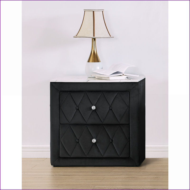 2-Drawer Faux Marble Top Nightstand Gray Contemporary Faux Crystal Tufted, Black