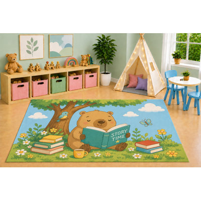 "Ultra Lightweight" 5'x7' Reading Capybara Area Rug, Woodland Story Time Forest Books Nature Cartoon Kids Playroom Nursery Bedroom Decor, Non-Slip Silicone Backing Low Pile