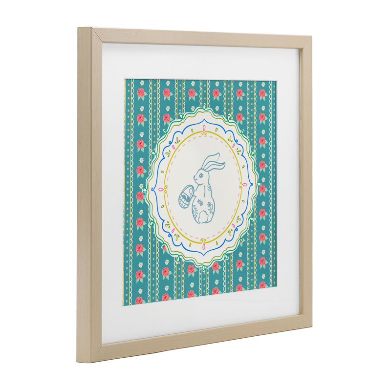 «Flower Stripes» à motif de lapin encadré sous verre, design par Angela Steahling, H 16 po x l 16 po, Cadre de récolte en pin