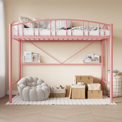 Loft Bed Twin Size, Heavy Duty Metal Loft Bed Frame With Arched Guardrail And Safety Ladder