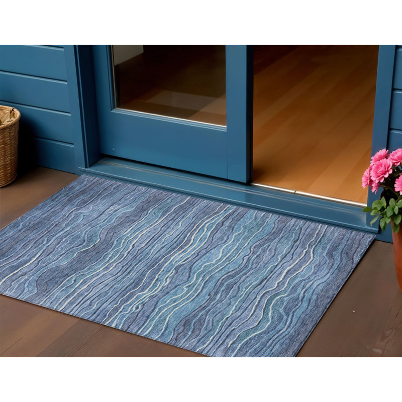 3' X 5' Denim Blue And Sky Blue Abstract Washable Indoor Outdoor Area Rug
