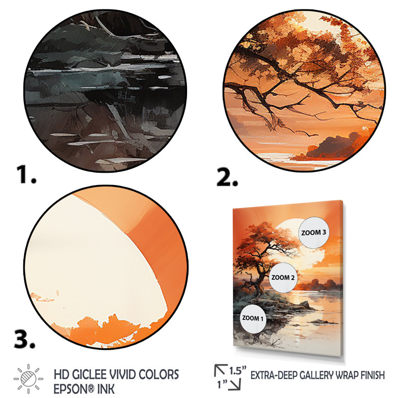 Orange, lune, silhouette, paysage I, art mural floral, salon, Cadre photo noir, H 20 po x l 12 po x P 1 po