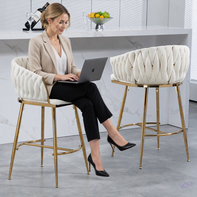 26'' Counter Height Bar Stools Velvet Kitchen Island Counter Bar Stool With Hand- Wave Back, Chromed Base And Footrest