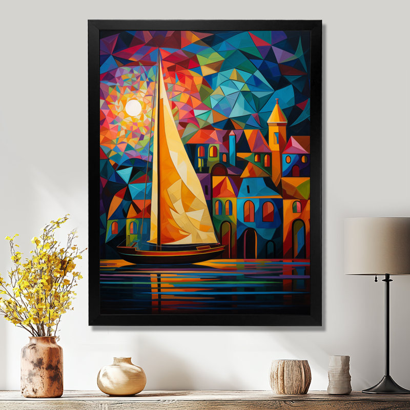 Bateau à voile coloré au port I - impression d'art mural de bateau à voile, Cadre simple noir, H 20 po x l 12 po x P 1 po