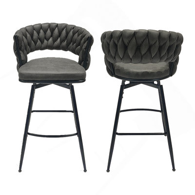 28" Technical Leather Woven Bar Stool Set of 2,Black legs Barstools No Adjustable Kitchen Island Chairs,360 Swivel Bar Stools Upholstered Counter Stool Arm Chairs with Back Footrest (Tan)