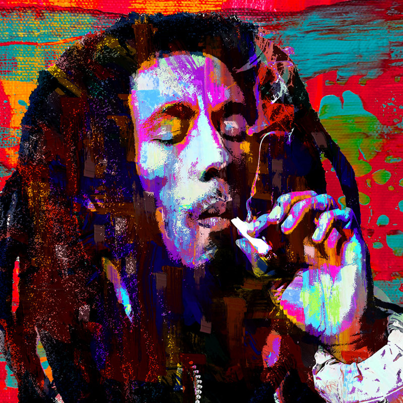 «Bob Marley Jammin» par Stephen Chambers - peinture sur toile tendue, H 30 po x l 30 po x P 1,5 po